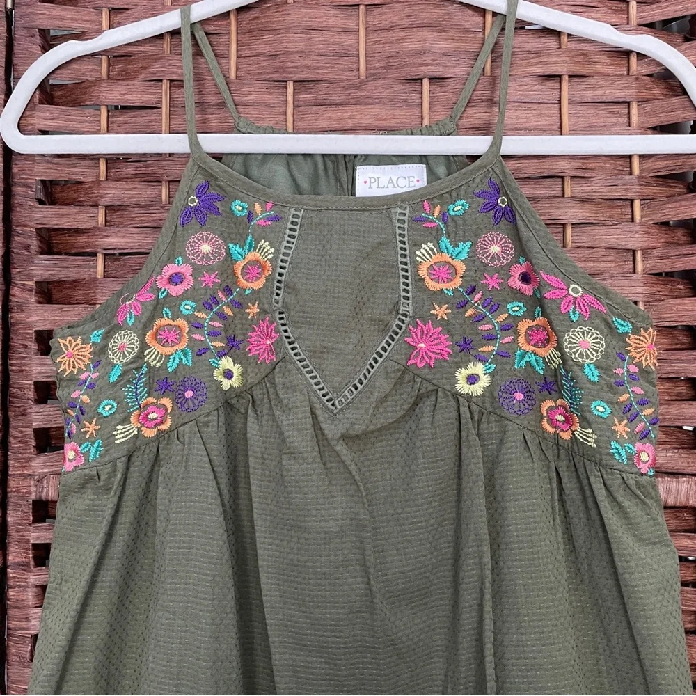The Children's Place Olive Halter Dress Bright Floral Embroidery, Size 10/12.